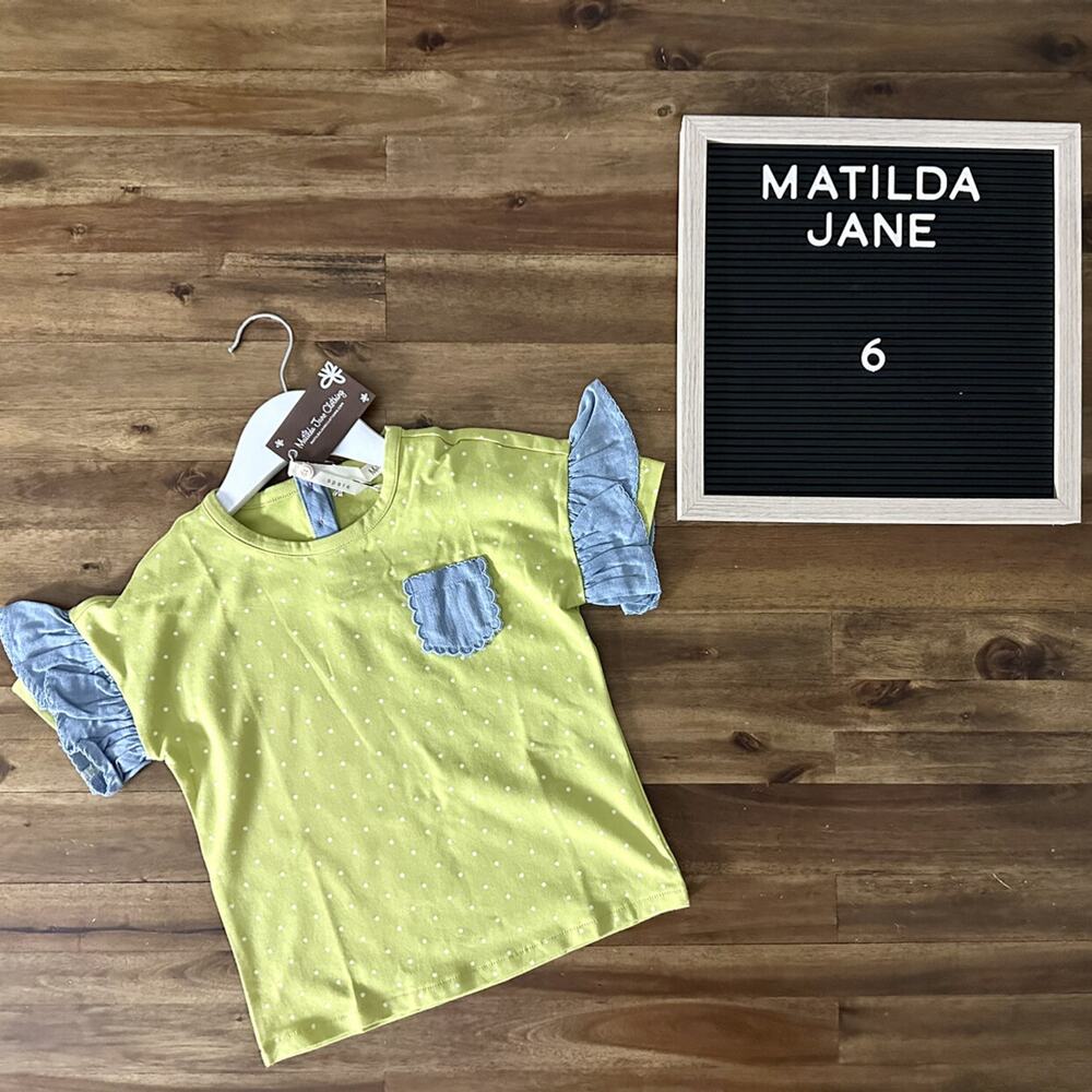 NWT Matilda Jane Enchanted Garden Lime Green Fluttery Fun Dot Print Tee Knit 6